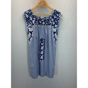 J Marie Blue embroidered floral blue striped mini Dress size S summer spring